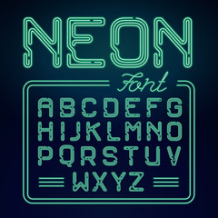 Realistic Neon purple alphabet with neon numbers. Vector Neon typeset