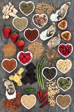 Aphrodisiac health food selection on marble background. Foods that improve sexual health.