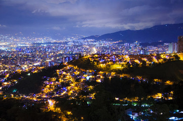 Aerial view of Medellin at night in Colombia