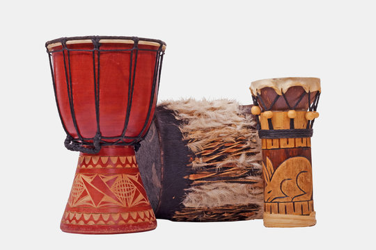 Three drums made in Kenya. Africa. Drums isolate on a white background with clipping paths.