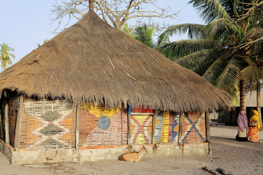 Thatch-roofed palm-matting walled house. Carabane island-Senegal. 2241