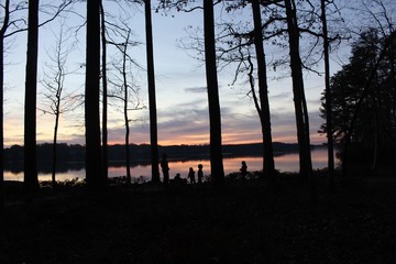 Sunset at lake with kids