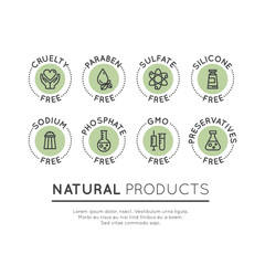 Isolated Vector Style Illustration Logo Set Badge Ingredient Warning Label Icons. GMO, SLS, Paraben, Cruelty, Sulfate, Sodium, Phosphate, Silicone, Preservative Free Organic Product Stickers