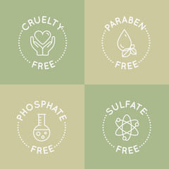 Isolated Vector Style Illustration Logo Set Badge Ingredient Warning Label Icons. GMO, SLS, Paraben, Cruelty, Sulfate, Sodium, Phosphate, Silicone, Preservative Free Organic Product Stickers