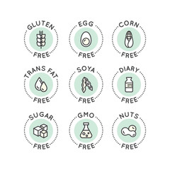 Isolated Vector Style Illustration Logo Set Badge Ingredient Warning Label Icons. Allergens Gluten, Lactose, Soy, Corn, Diary, Milk, Sugar, Trans Fat. Vegetarian and Organic symbols. Food Intolerance