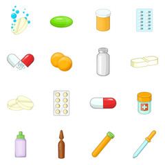 Medicine drugs icons set, cartoon style
