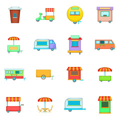 Street food kiosk vehicle icons set, cartoon style