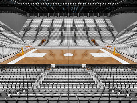 3D render of beautiful sports arena for basketball with floodlights and white seats