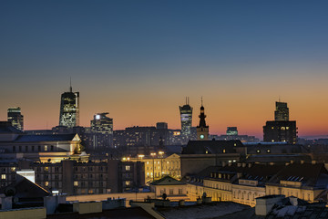 Fototapeta na wymiar Sunset over Warsaw downtown