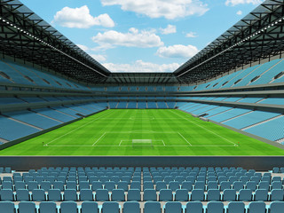 Fototapeta premium 3D render of a large capacity soccer - football Stadium with an open roof and sky blue seats
