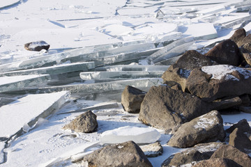 Lake Balaton in Hungary covered with floes during an icy winter.
