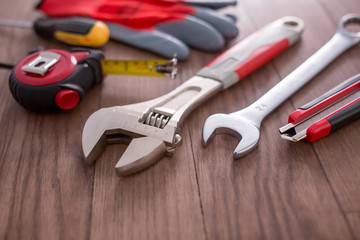 Working tools on wooden background - 133257323