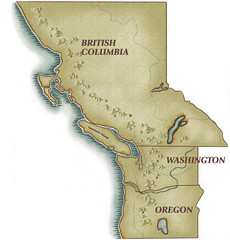 An illustrated map of Washington State, Oregon State and British Columbia, Canada.
