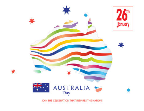 Australia day Poster with map of Australia and Australian flag. Vector Illustration. Holiday Festive background for greeting cards or web banners design. Advertising, Celebration, Congratulation.
