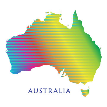 Colorful Map of Australia with striped pattern on white background. Vector Illustration. For Holiday Festive background, greeting cards or web banners design. Advertising poster, Celebration, Travel