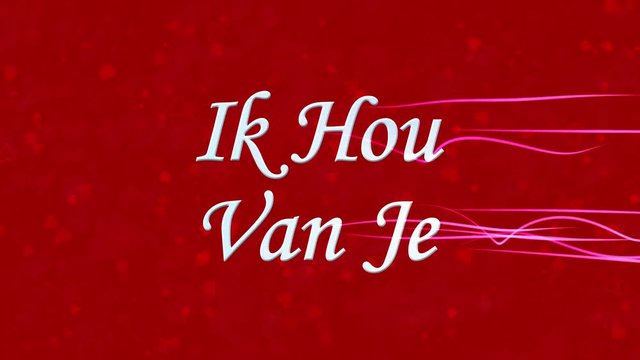 "I Love You" text in Dutch "Ik Hou Van Je" formed from dust and turns to dust horizontally with moving stripes on red animated background
