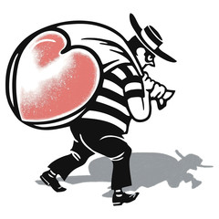 A thief in traditional stripped thief clothing and hat carrying a sak over his shoulder carrying a heart.
