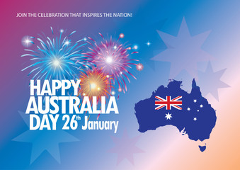 Happy Australia Day 26th January inscription poster with Australia map, Australian flag isolated, stars and fireworks. Holiday vector illustration. For Advertising, Traveling, Promotion, Celebration.