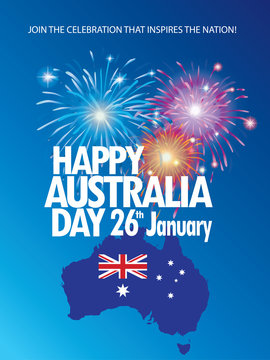 Happy Australia Day 26th January inscription poster with Australia map, Australian flag isolated, stars and fireworks. Holiday vector illustration. For Advertising, Traveling, Promotion, Celebration.