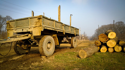Obraz premium Gathering harvest of tree trunks on the grass in the village next to the trailer