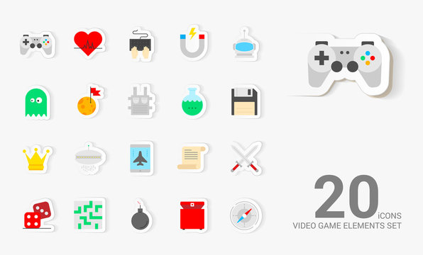 Video game elements color icons set