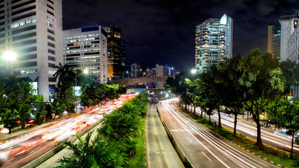 Evening at Downtown Jakarta, showing light trail from trafiic