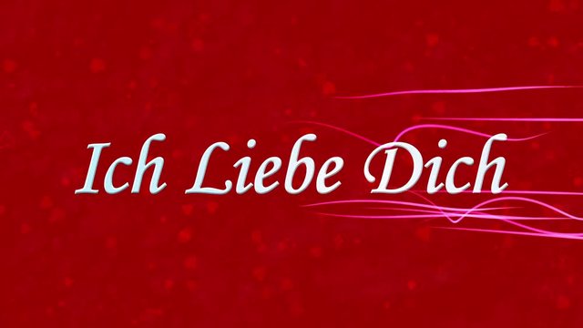 "I Love You" text in German "Ich Liebe Dich" formed from dust and turns to dust horizontally with moving stripes on red animated background
