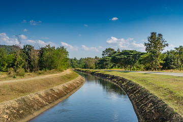 Irrigation canal with blue sky