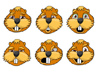 A set of six characters beaver on a white background. Six variants of the emotion beaver. Vector illustration.