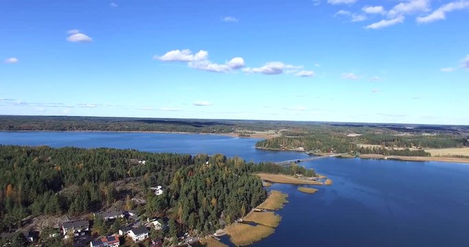 Cinema 4k aerial flight view on the finnish archipelago,at Sarkisalo harbor, at Isoluoto, Varsinais-Suomi, Finland
