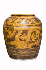 Giant clay glazed water jar with dragon pattern  , ancient blister isolate On a white background  With Clipping path.