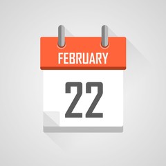 February 22, calendar icon with flat design on grey background.