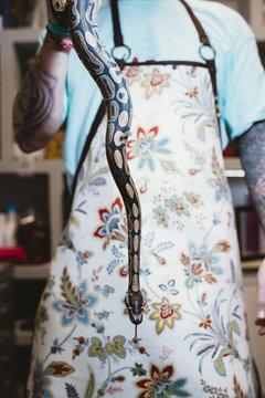 Tattooed man holding snake
