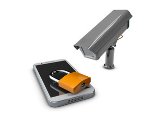 3d Illustration of cctv and mobile application on locked smartphone, protection phone concept