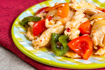 wok fried chicken stir fry with sweet peppers and chinese vegeta