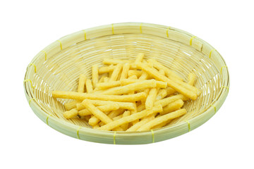 French fries in Bamboo Basket isolated on white background.. iso
