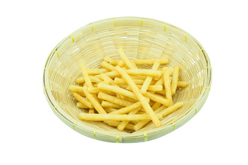 French fries in Bamboo Basket isolated on white background.. iso