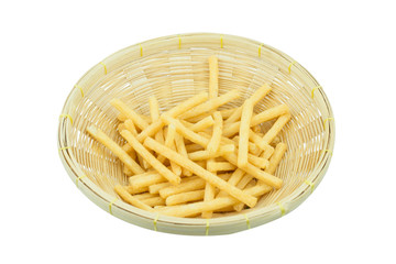 French fries in Bamboo Basket isolated on white background.. iso