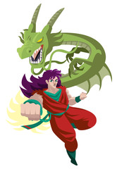 anime japanese martial arts warrior hero with powerful dragon