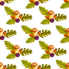 Watercolor seamless pattern with hand painted forest plants, mushrooms, leaf and berries.in bright cartoon style