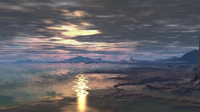 Mountain and  lake. Landscape of stranger planet. Animation. 4К