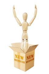 New messiah leaps out from the cardboard box. Abstract image with a wooden puppet