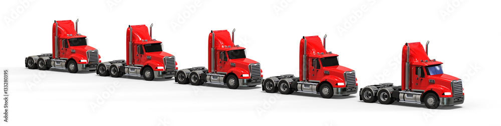 Wall mural Trucks Fleet concept / 3D render image representing a fleet of trucks 