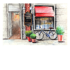 Handwork watercolor illustration. Street cafe with a bicycle. - 133282129