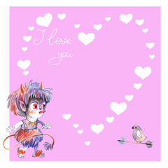 little devil, Valentine's day, illustration, watercolor