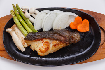 Grilled Japanese Sablefish Steak with Mushroom, Asparagus, Sliced Onion and Carrot with Soy Sauce. Scallion Sauce and Mayonnaise.