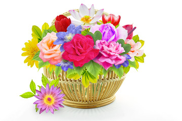 blossom flowers bouquet in wicker basket on white background