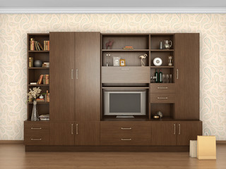 big cupboard closed in interior with things; 3d illustration