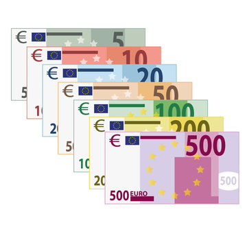 Geldschein Grafik Set von F&uuml;nf bis F&uuml;nfhundert Euro Banknoten