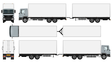 Trailer truck template. Isolated vector freight car. The ability to easily change the color. All sides in groups on separate layers. View from side, back, front and top.